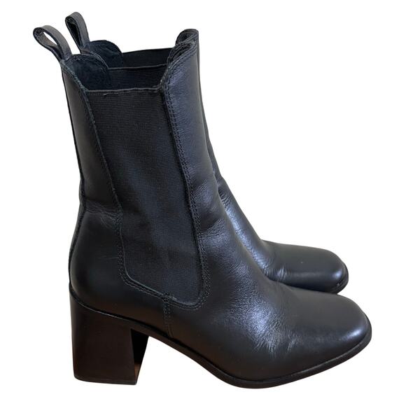 Steve Madden Argent Black Leather Square Toe Block Heel Boots 7.5M - Picture 1 of 6